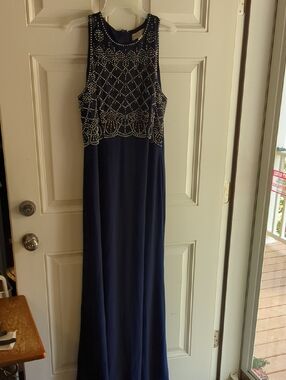 Beaded Navy Halter Prom Dress